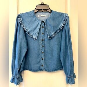 Zara Chambray Jean Peter Pan Collar Blouse